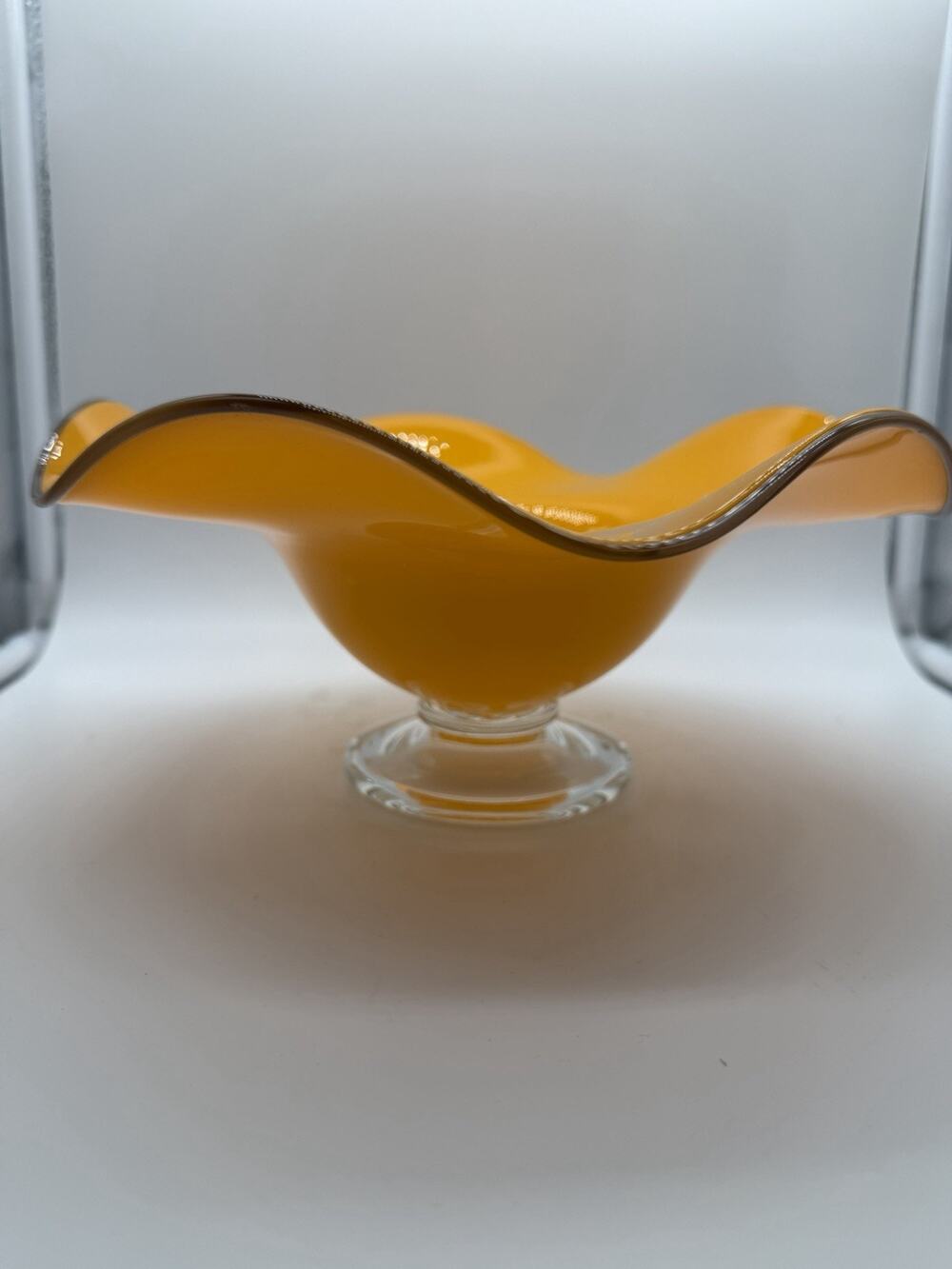 Vintage Teleflora Orange Handblown Art Glass Ruffled Footed Compote Bowl MCM